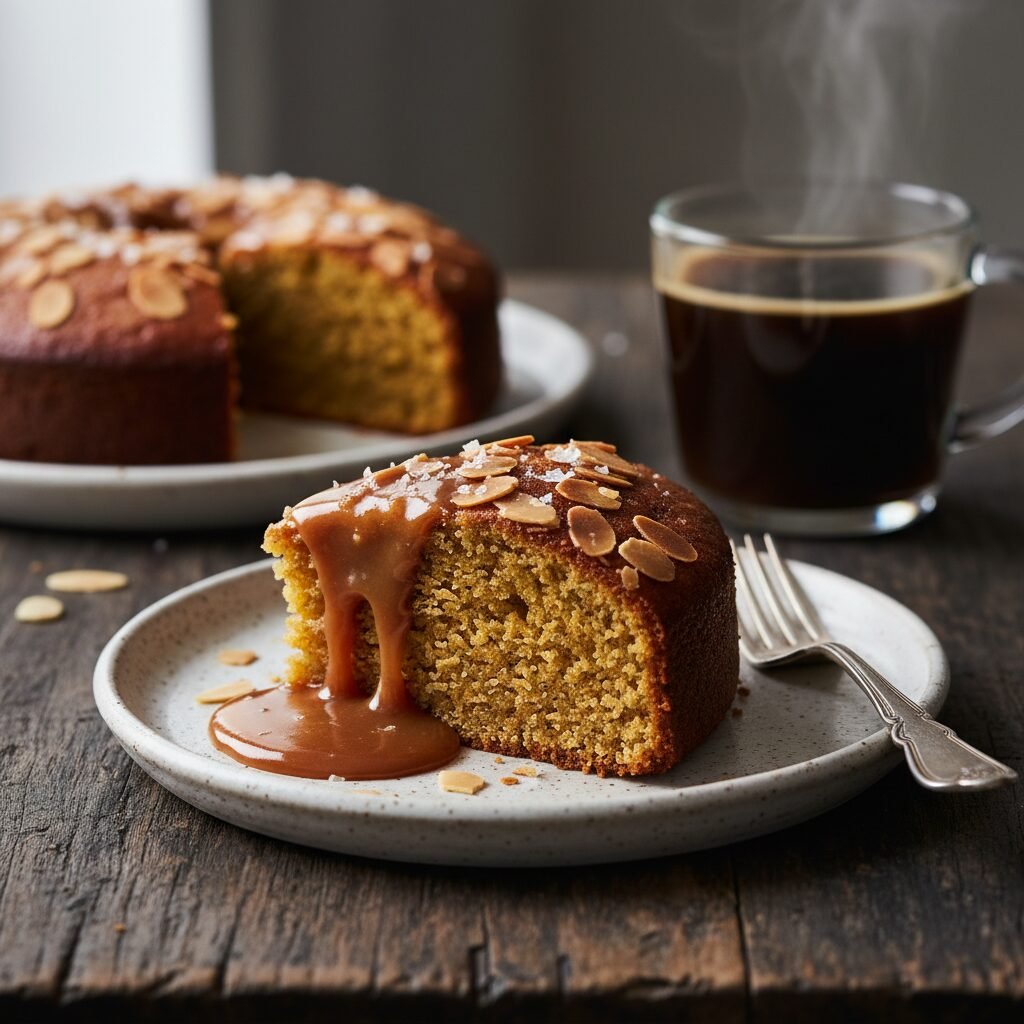 The Ultimate Moist Almond Cake With Salty Caramel Glaze