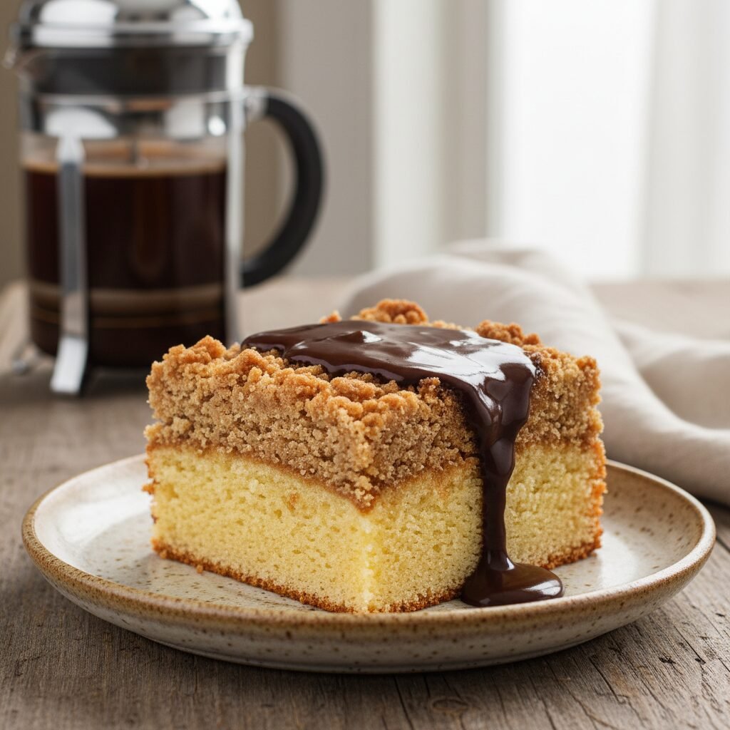 Ultimate Moist Coffee Cake With Buttery Crumb Topping and Dark Chocolate Ganache