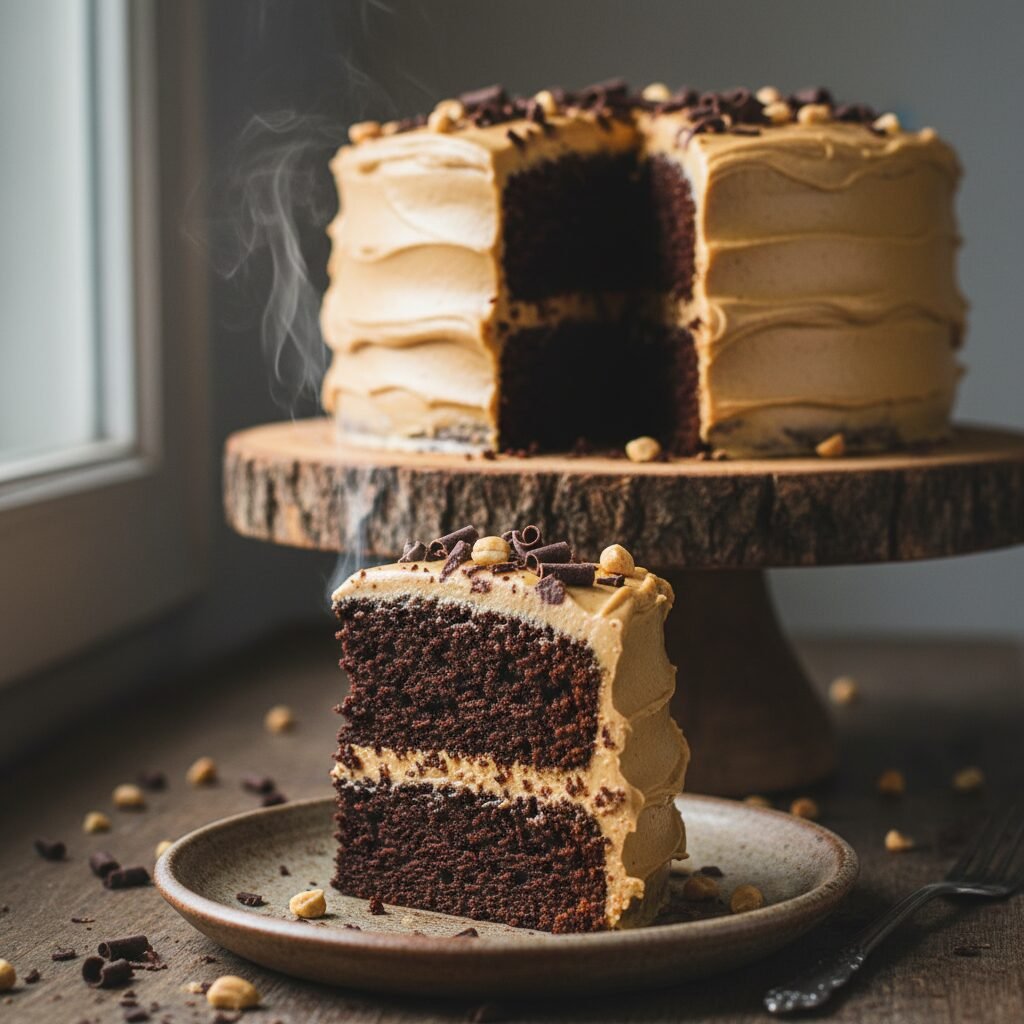 The Ultimate Moist Dark Chocolate Cake with Creamy Peanut Butter Frosting