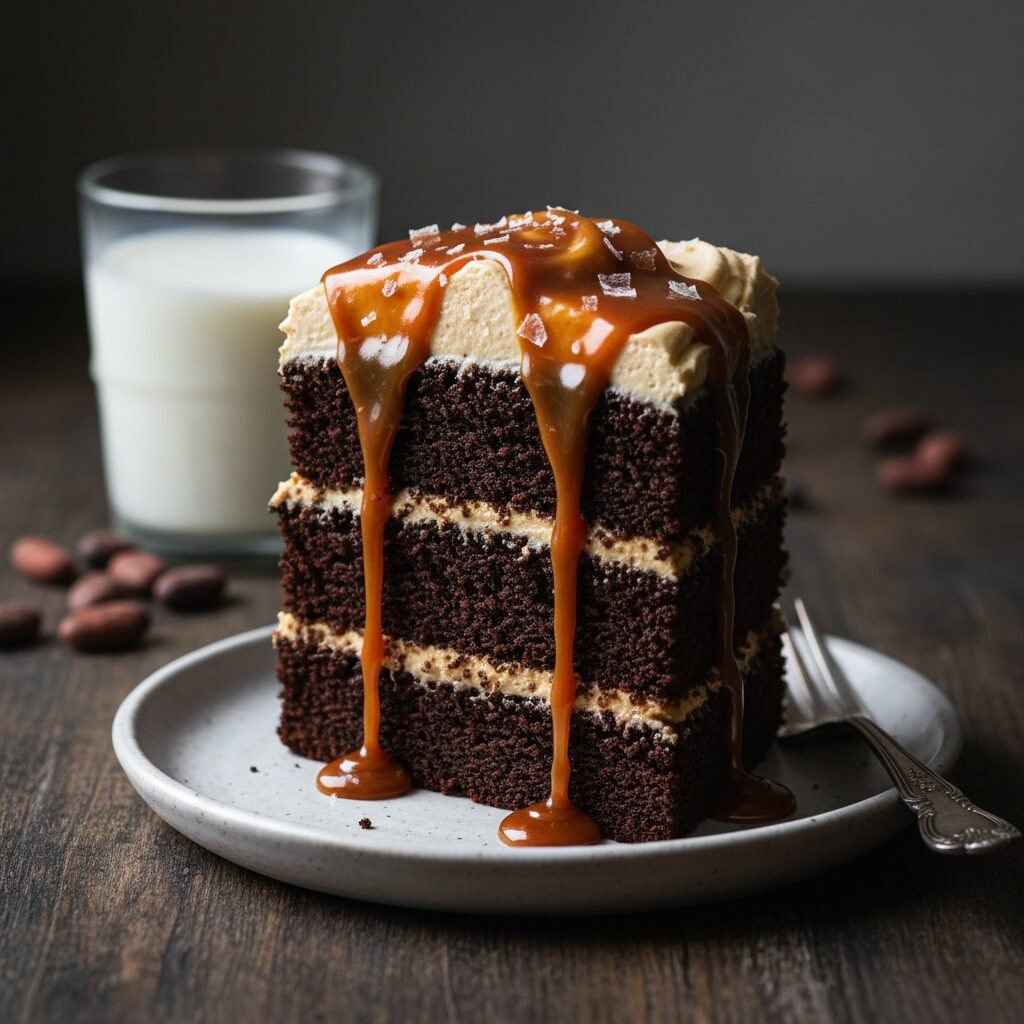 The Ultimate Moist Dark Chocolate Cake with Salted Caramel Frosting