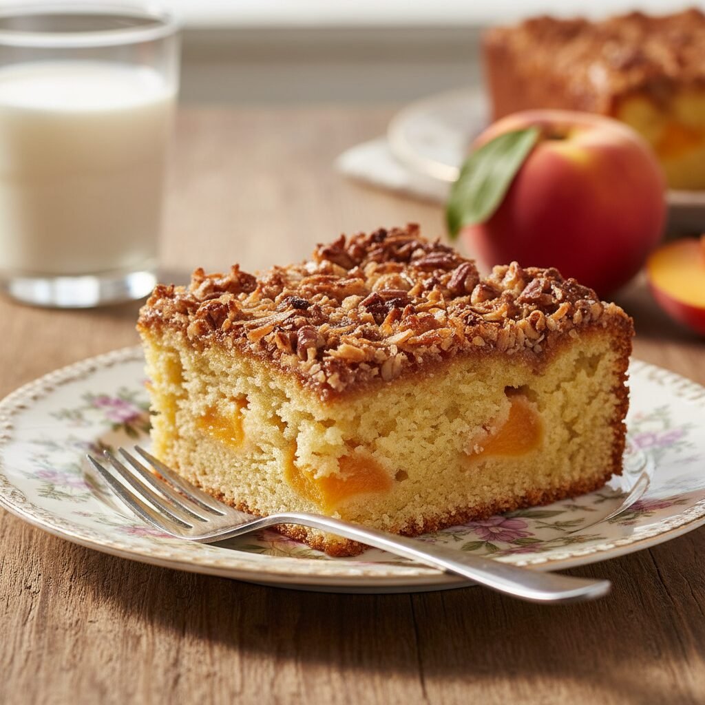 Old-Fashioned Moist Peach Cake with Crunchy Coconut Topping