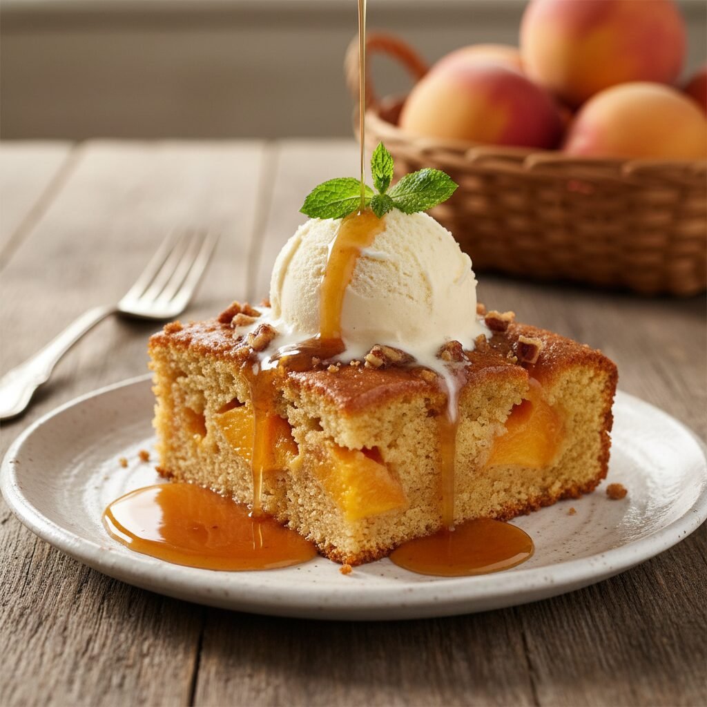 Old-Fashioned Moist Peach Cake With Hot Buttered Rum Sauce