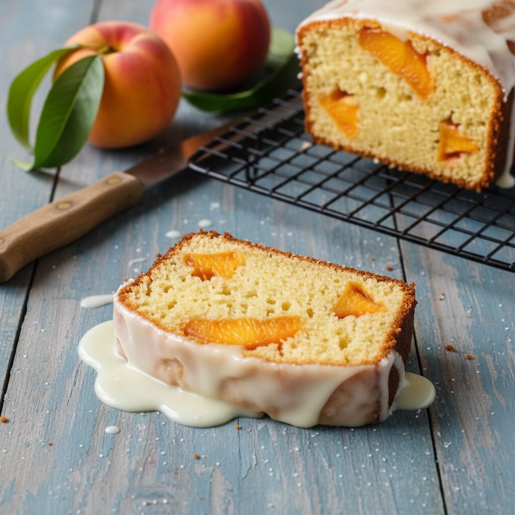 The Ultimate Moist Peach Loaf Cake with Vanilla Bean Glaze