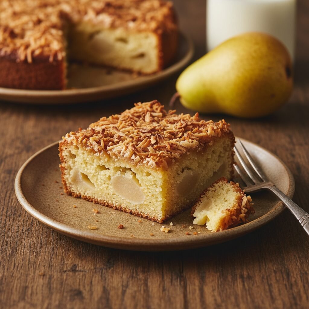 The Ultimate Moist Pear Cake With Crispy Coconut Topping