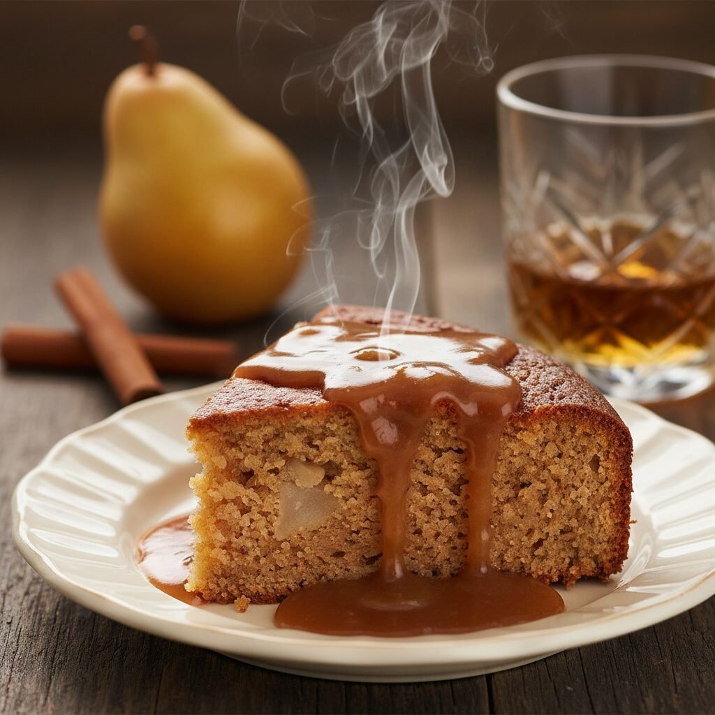 The Ultimate Moist Pear Cake with Decadent Hot Buttered Rum Sauce
