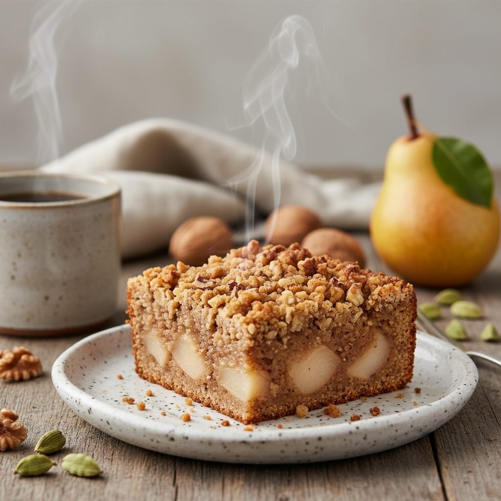Moist Pear Coffee Cake with Cardamom Walnut Streusel