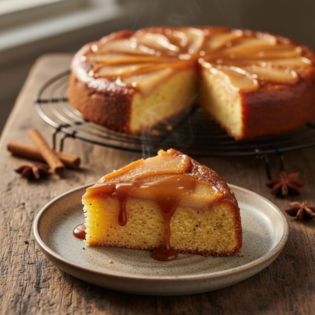 The Ultimate Moist Spiced Pear Upside Down Cake with Salted Caramel Glaze