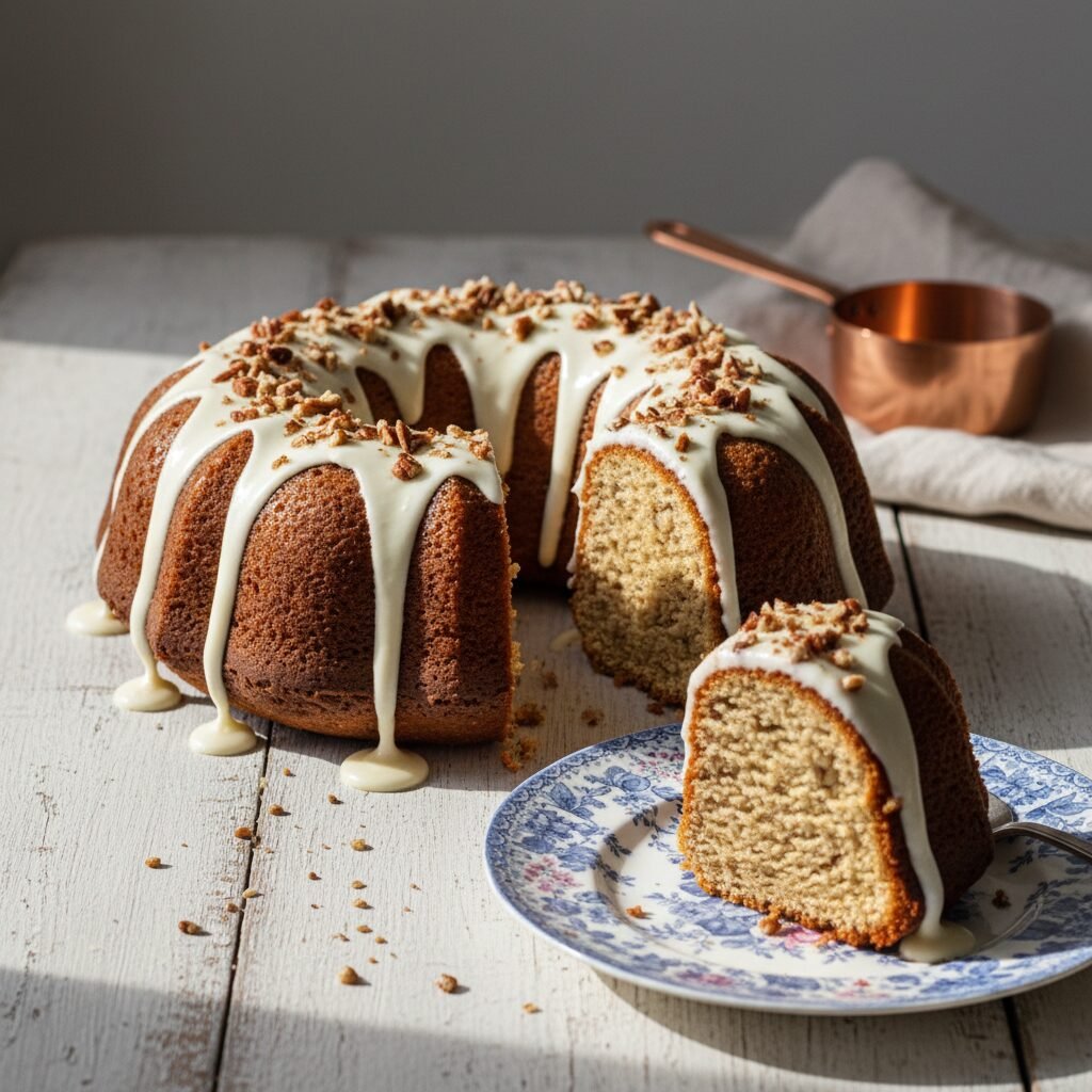 The Ultimate Moist Pecan Bundt Cake with Cream Cheese Glaze