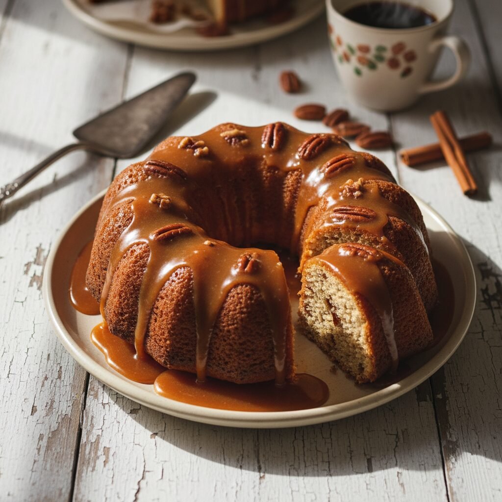 Southern-Style Moist Pecan Cake With Salted Caramel Glaze