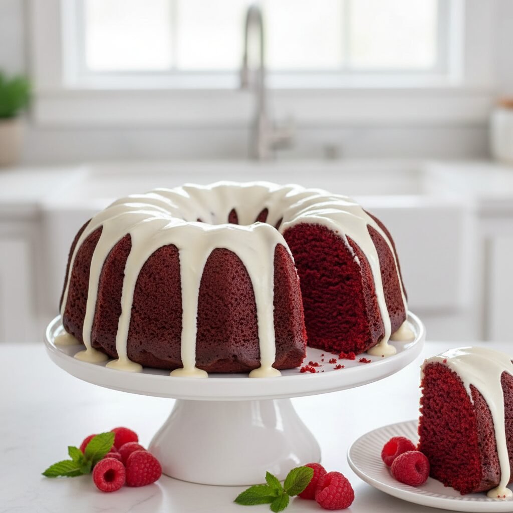 The Ultimate Moist Red Velvet Bundt Cake with Cream Cheese Glaze