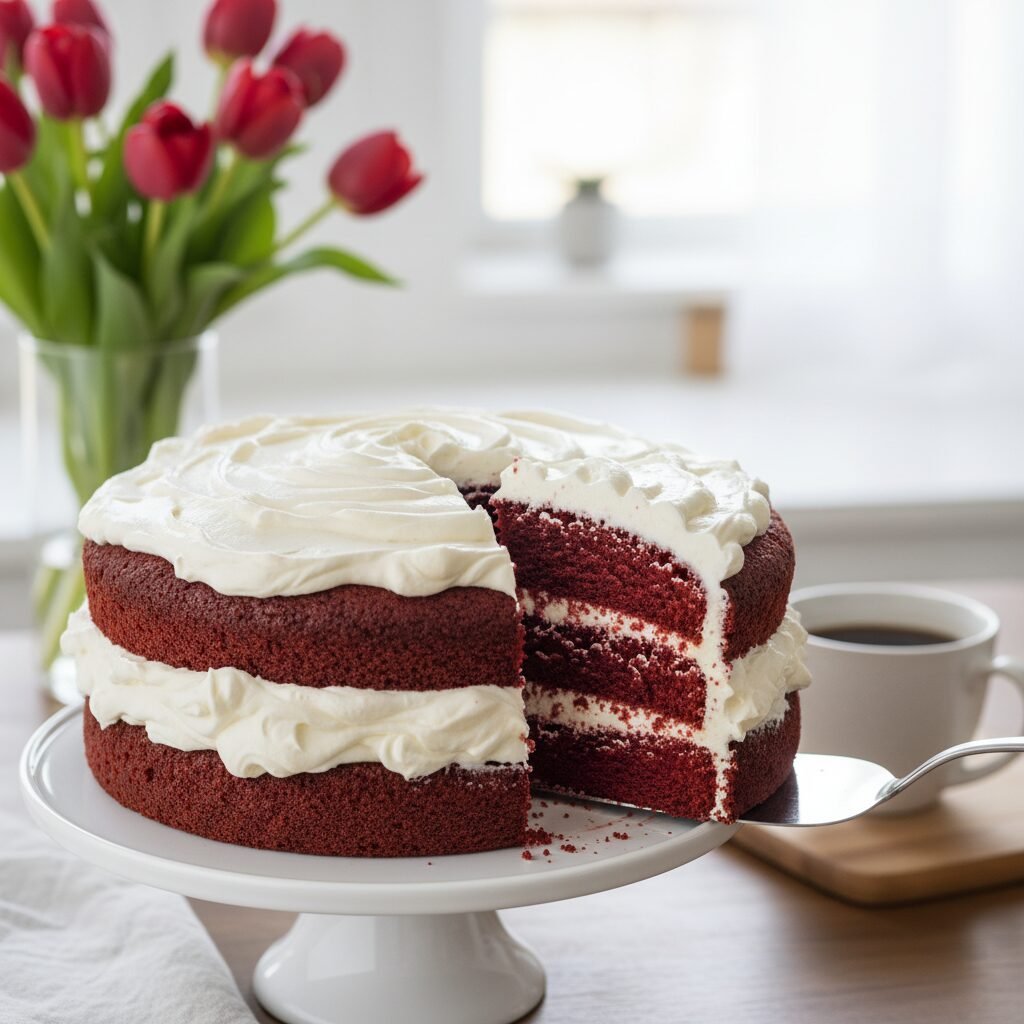The Best Moist Red Velvet Layer Cake with Cloud-Like Whipped Cream Frosting