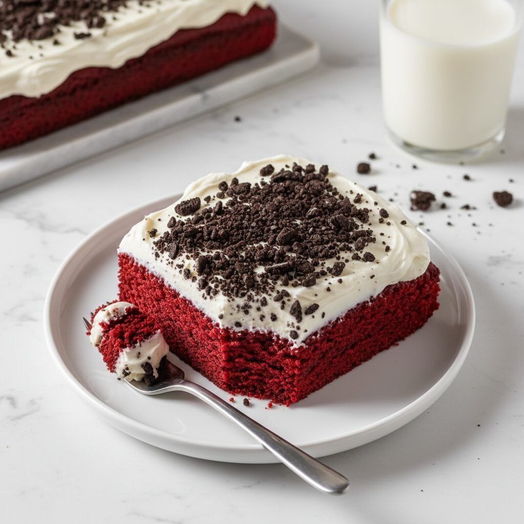 The Ultimate Moist Red Velvet Sheet Cake With Crunchy Oreo Crumbs