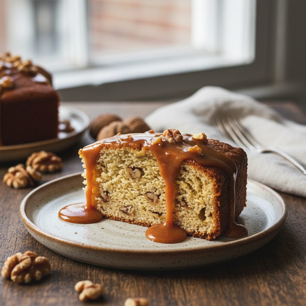 The Ultimate Moist Walnut Cake With Salted Caramel Glaze